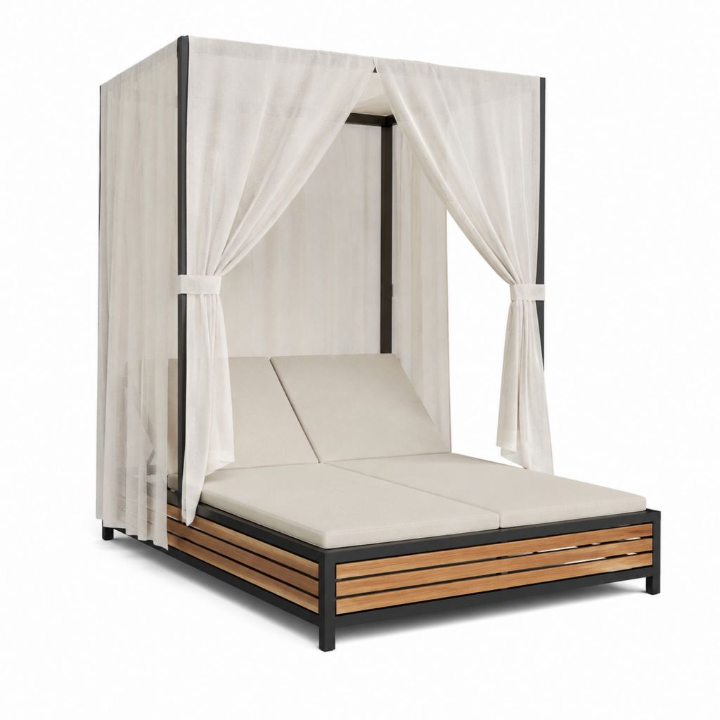 Doppel-Sonnenliege mit Baldachin Creme Polyester Aluminium Akazienholz 200 x 140 x 200 cm