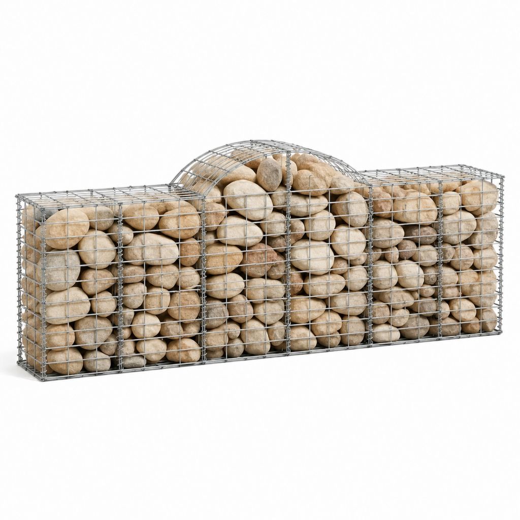 Gabionen-Steinkorb beige silber aus verzinktem Stahl mit Naturkieseln rechteckig mit Rundbogen 180 x 30 x 70 cm