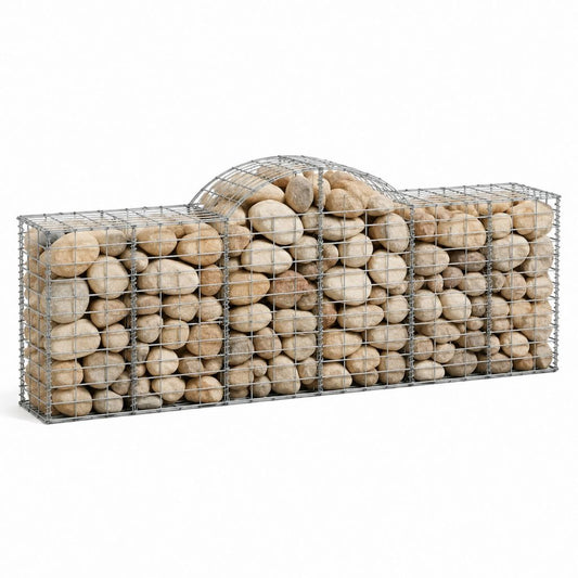 Gabionen-Steinkorb beige silber aus verzinktem Stahl mit Naturkieseln rechteckig mit Rundbogen 180 x 30 x 70 cm