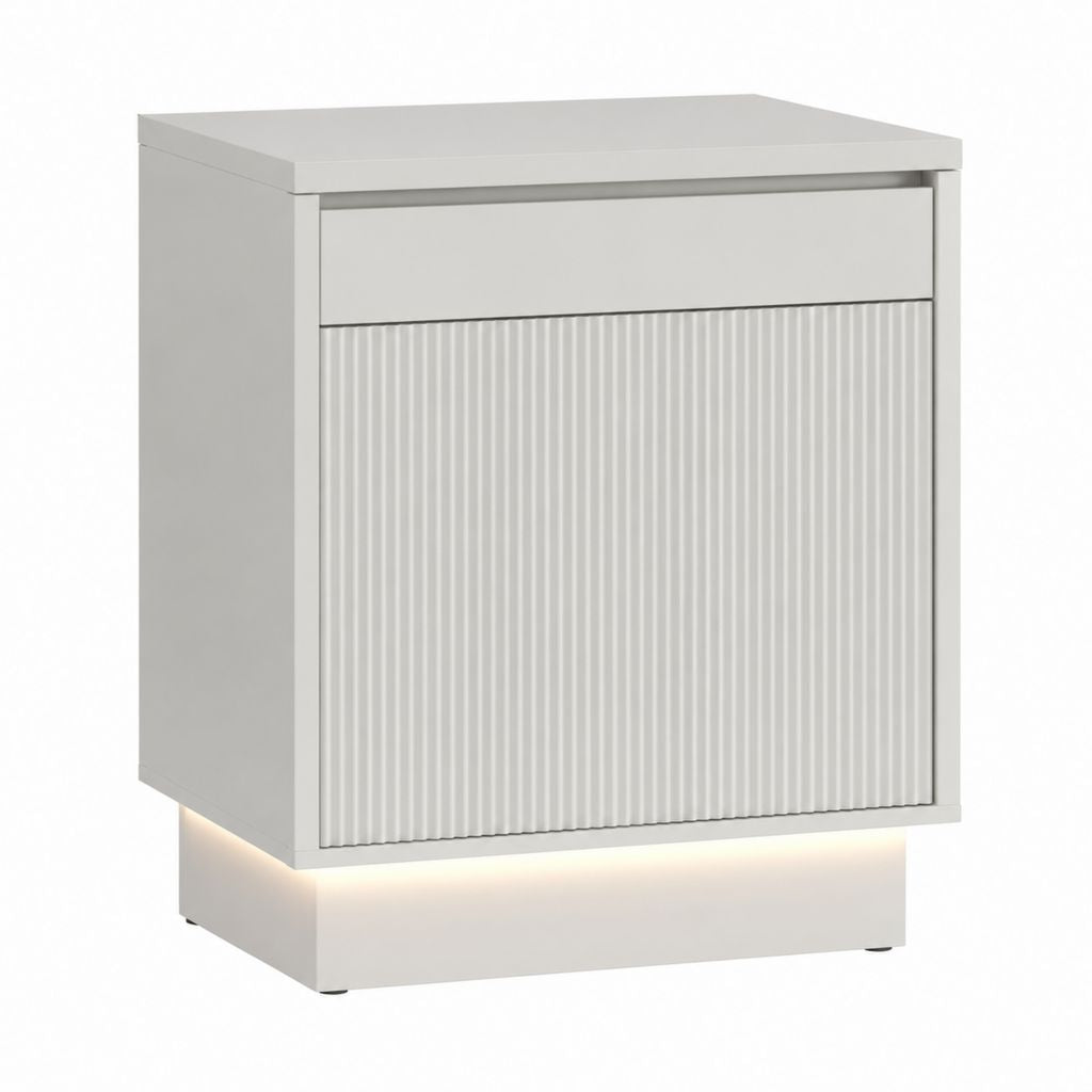 Nachttisch Weiß aus Spanplatte rechteckig mit Schublade Tür und LED-Sockel 50 x 40 x 60 cm