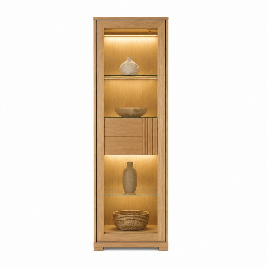 Standvitrine Eiche natur mit Glastür rechteckig 60 x 40 x 190 cm