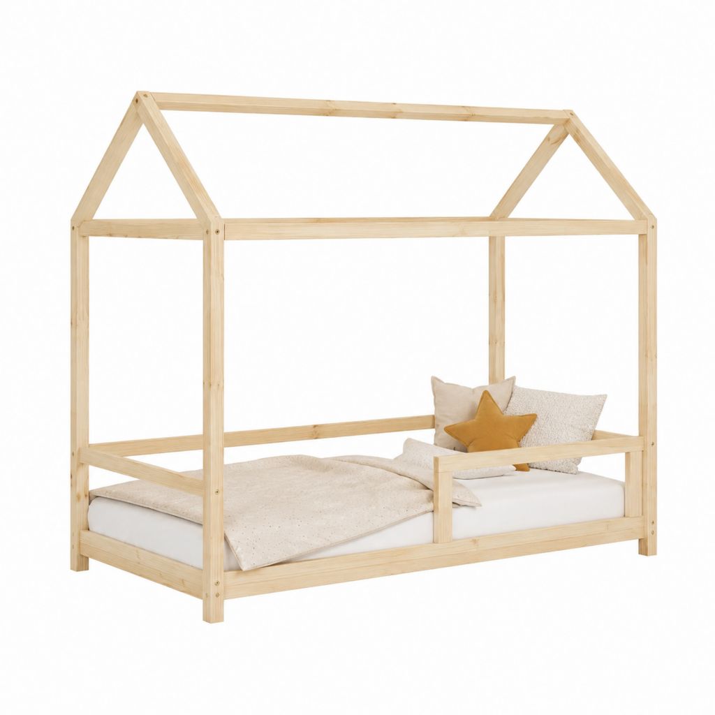 Kinderhausbett aus Kiefer-Massivholz Natur 90 x 200 cm