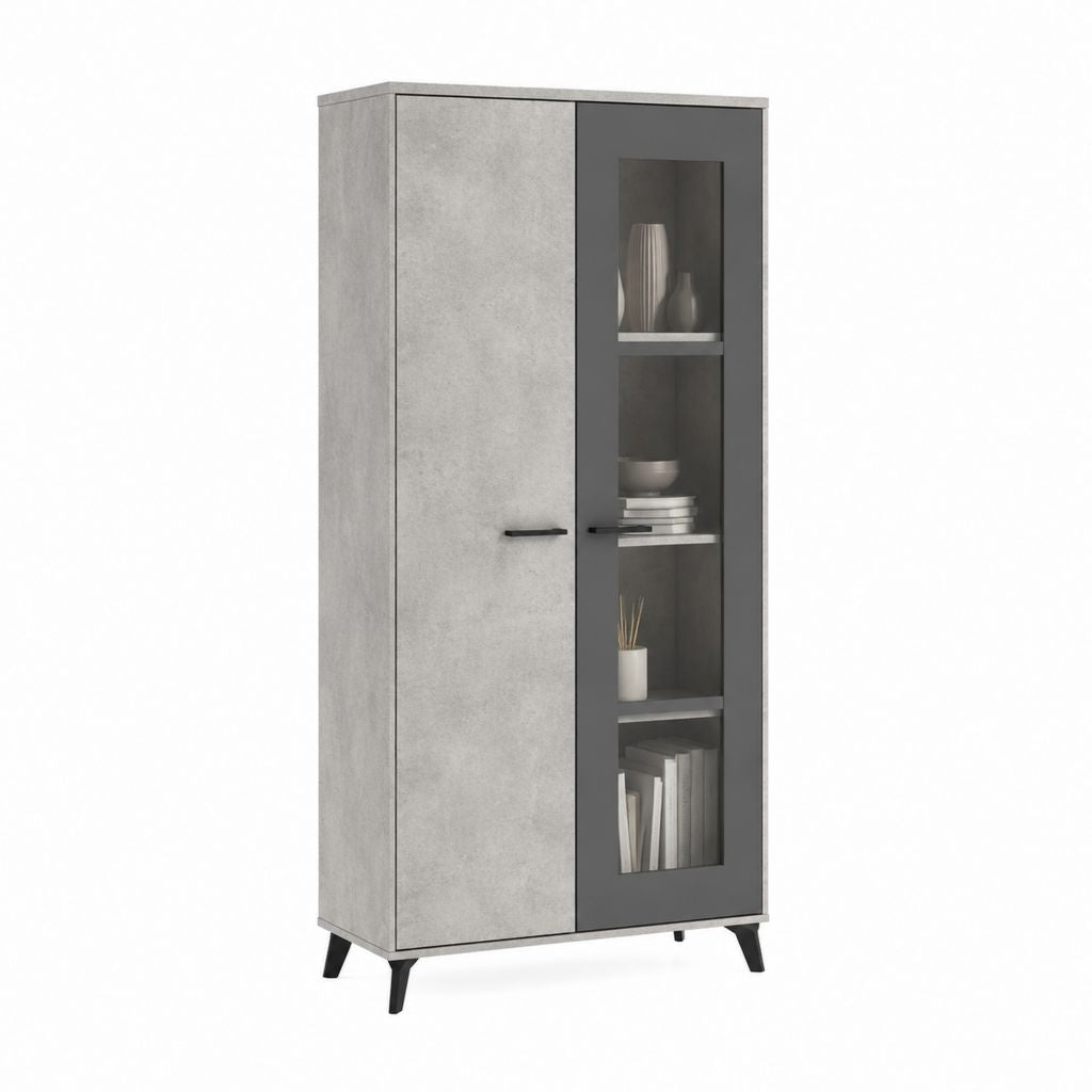 Vitrine mit 2 Türen Betonoptik Grau Glas 80 x 40 x 180 cm