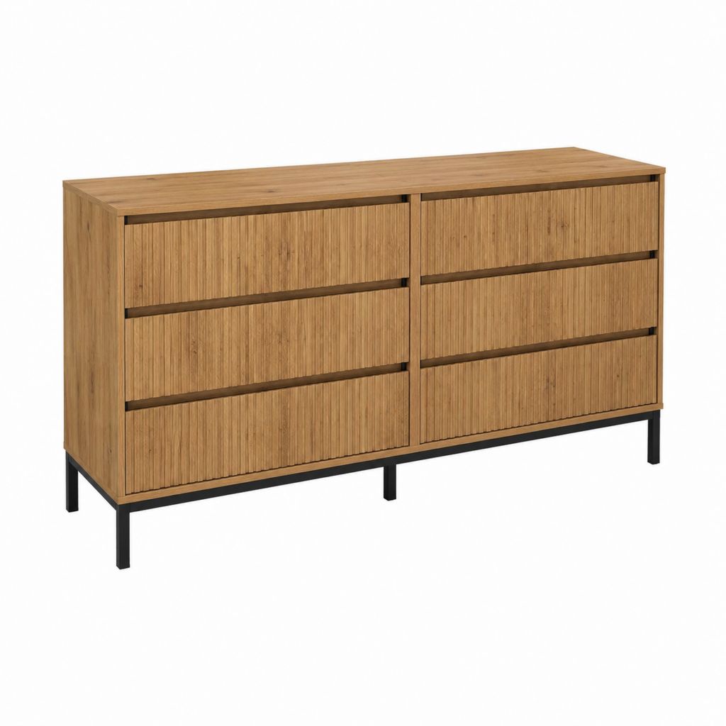 Kommode mit 6 Schubladen Natur Bambusfurnier MDF Stahlgestell 140 x 45 x 85 cm