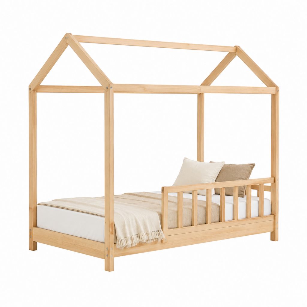 Kinderhausbett Natur Kiefer Massivholz Hausform Liegefläche 90 x 200 cm 208 x 98 x 165 cm